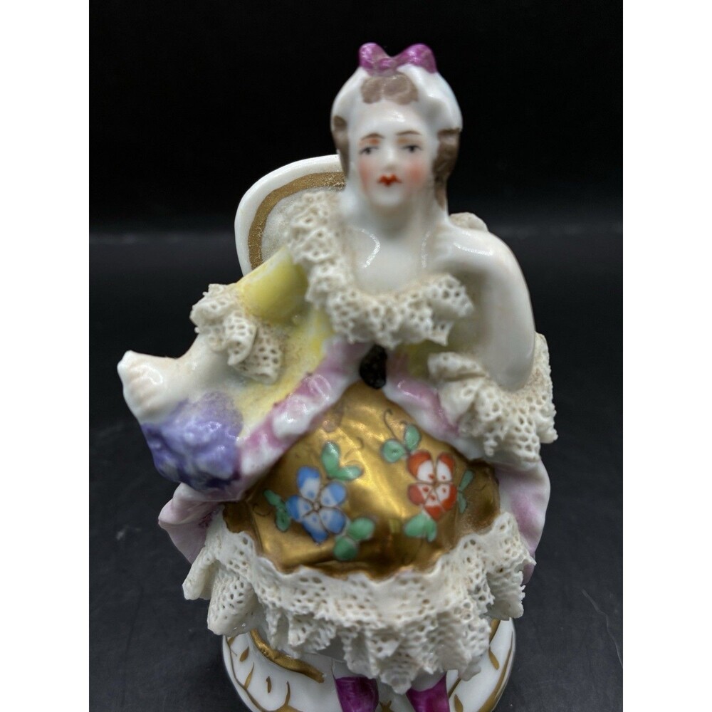 Antique German DRESDEN Flowered Lace Sitting Ballerina 4” Tall